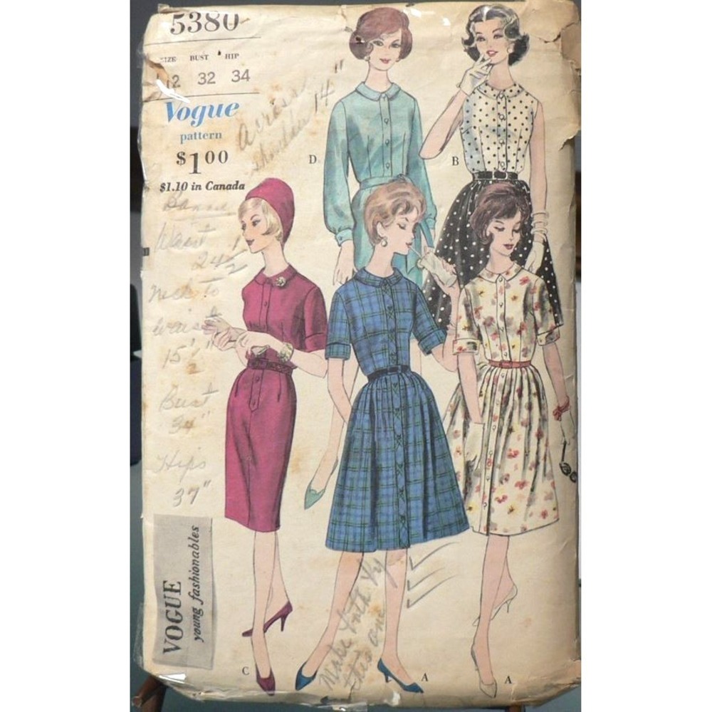 Vintage Vogue #5380 One Piece Dress Pleated or Straight Skirt Size 12 Cut 1960s